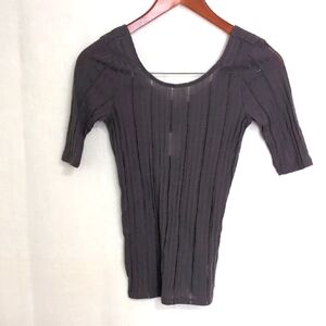 Pure + Good Grey Scoop Neck Half Sleeve Ribbed Stripe Blouse Size Extra Small